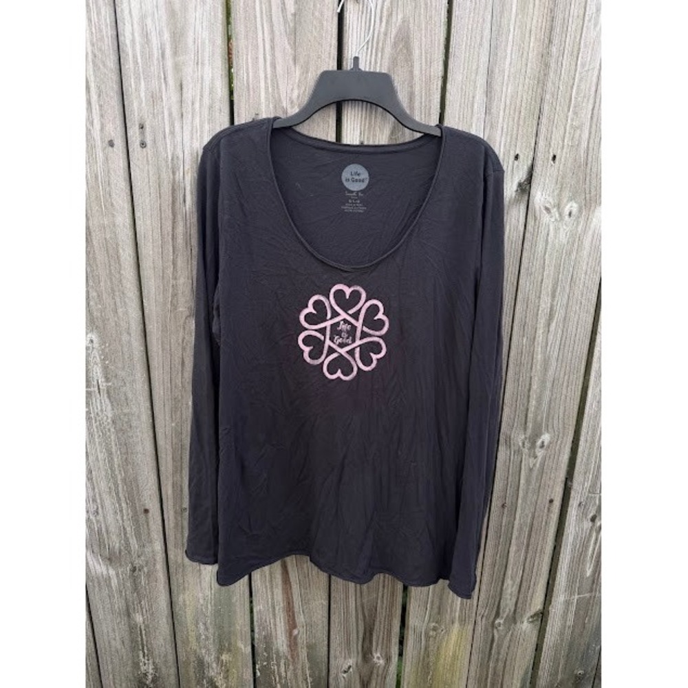 Gorpcore Granola Girl Life is Good Smooth Tee Large Black Pink Heart Mandala